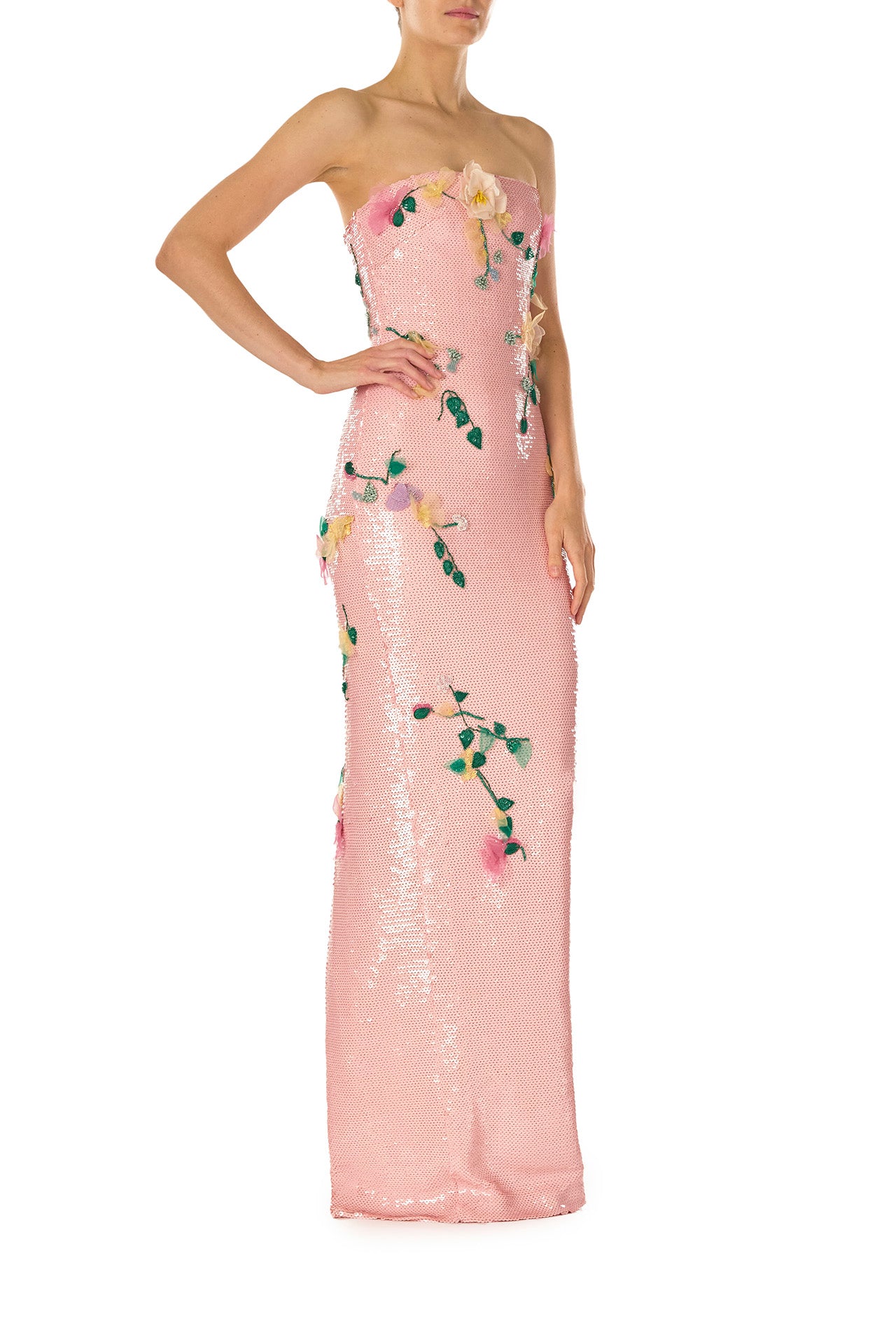 Monique Lhuillier Spring 2025 Strapless column gown in Rosette floral embroidered sequins - right side.