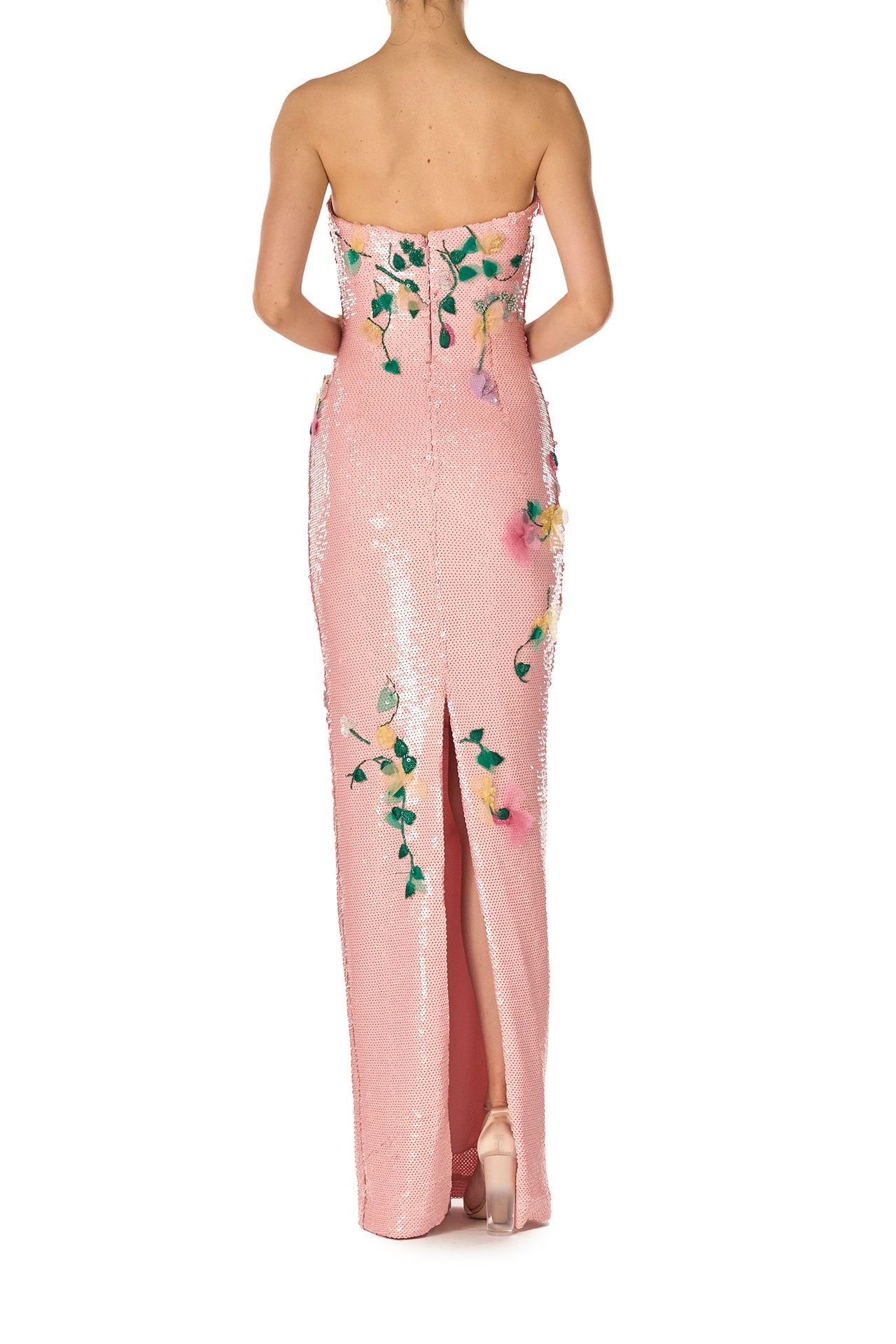 Monique Lhuillier Spring 2025 Strapless column gown in Rosette floral embroidered sequins - back.