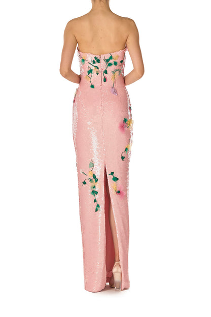 Monique Lhuillier Spring 2025 Strapless column gown in Rosette floral embroidered sequins - back.