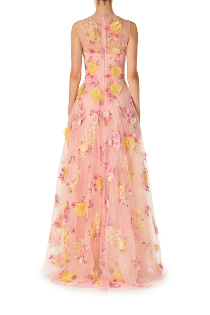 Monique Lhuillier Spring 2025 sleeveless gown in yellow and pink floral embroidered tulle - back.
