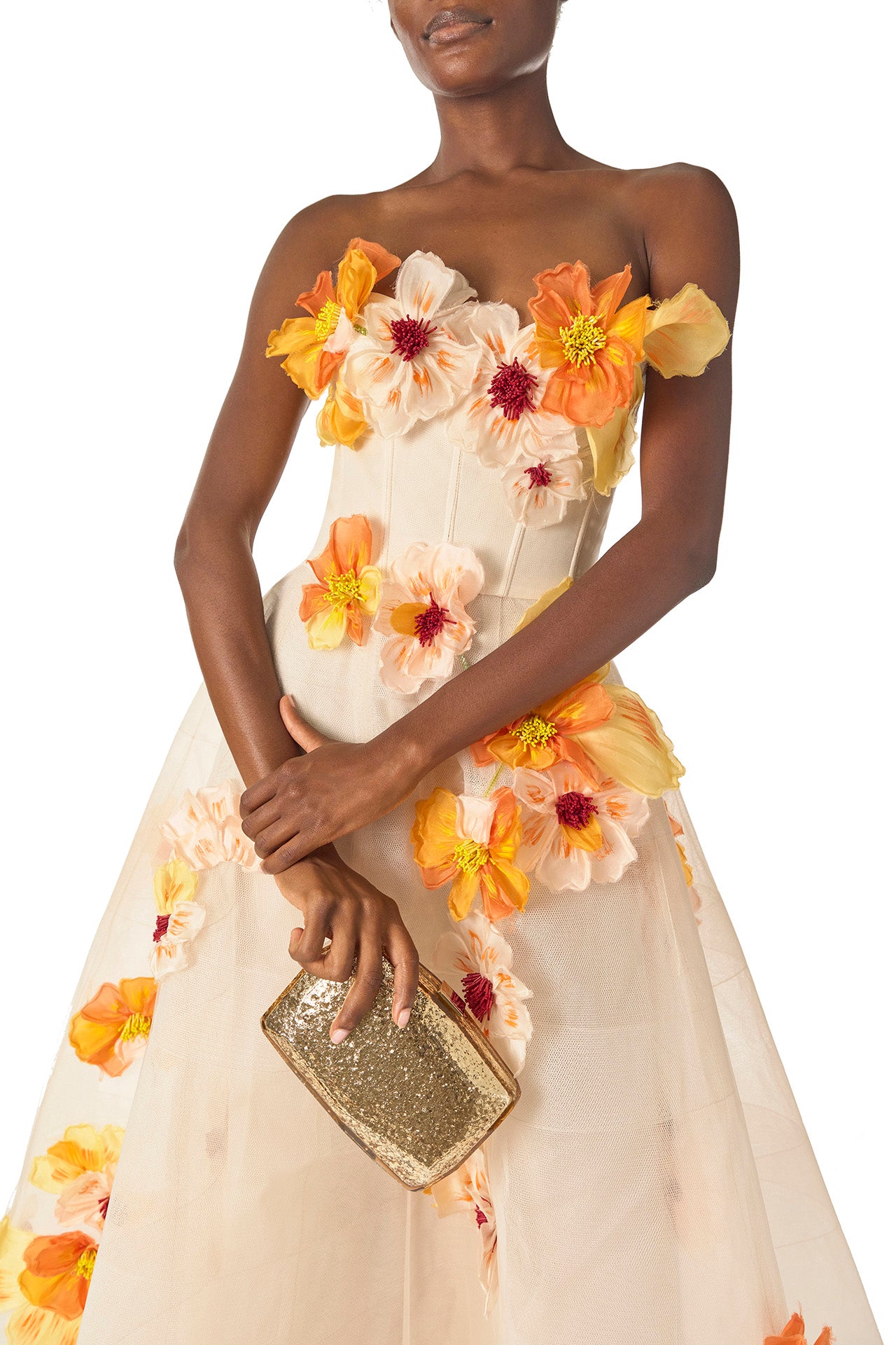 Monique Lhuillier Spring 2025 Strapless, Ecru colored tea-length dress with light boning in bodice and structured horsehair tulle skirt in cascading floral Poppy embroidery - detail with Dasha bag in gold.