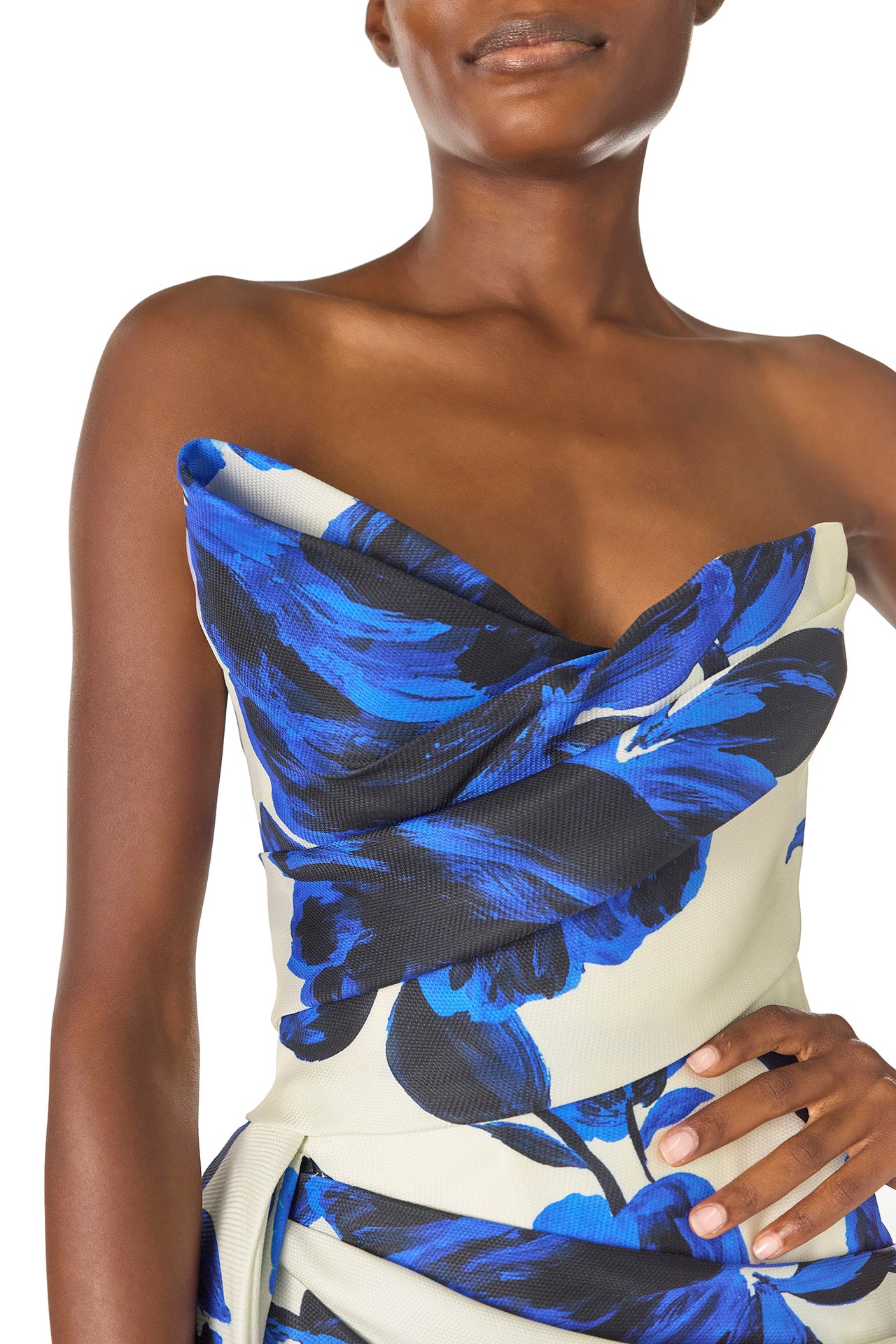 Monique Lhuillier Spring 2025 Strapless, column gown with asymmetric neckline, tufted draping and sweeping side train in Nautical Blue Floral printed gazar - bodice.