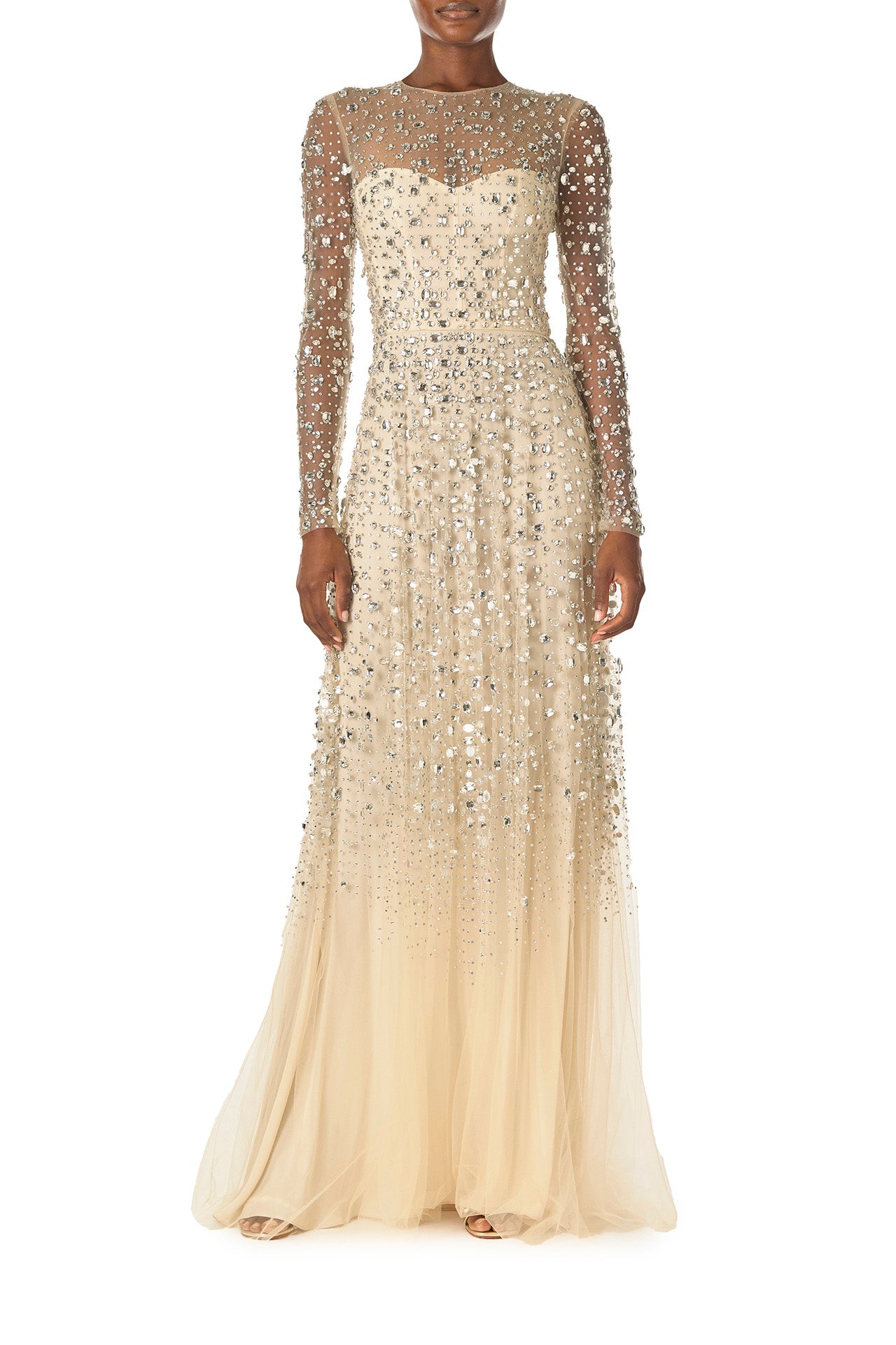 Monique Lhuillier Spring 2025 long sleeve tulle gown in cascading crystal embroidery - front.