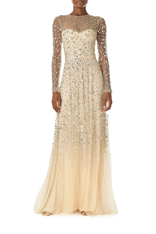 Monique Lhuillier Spring 2025 long sleeve tulle gown in cascading crystal embroidery - front.