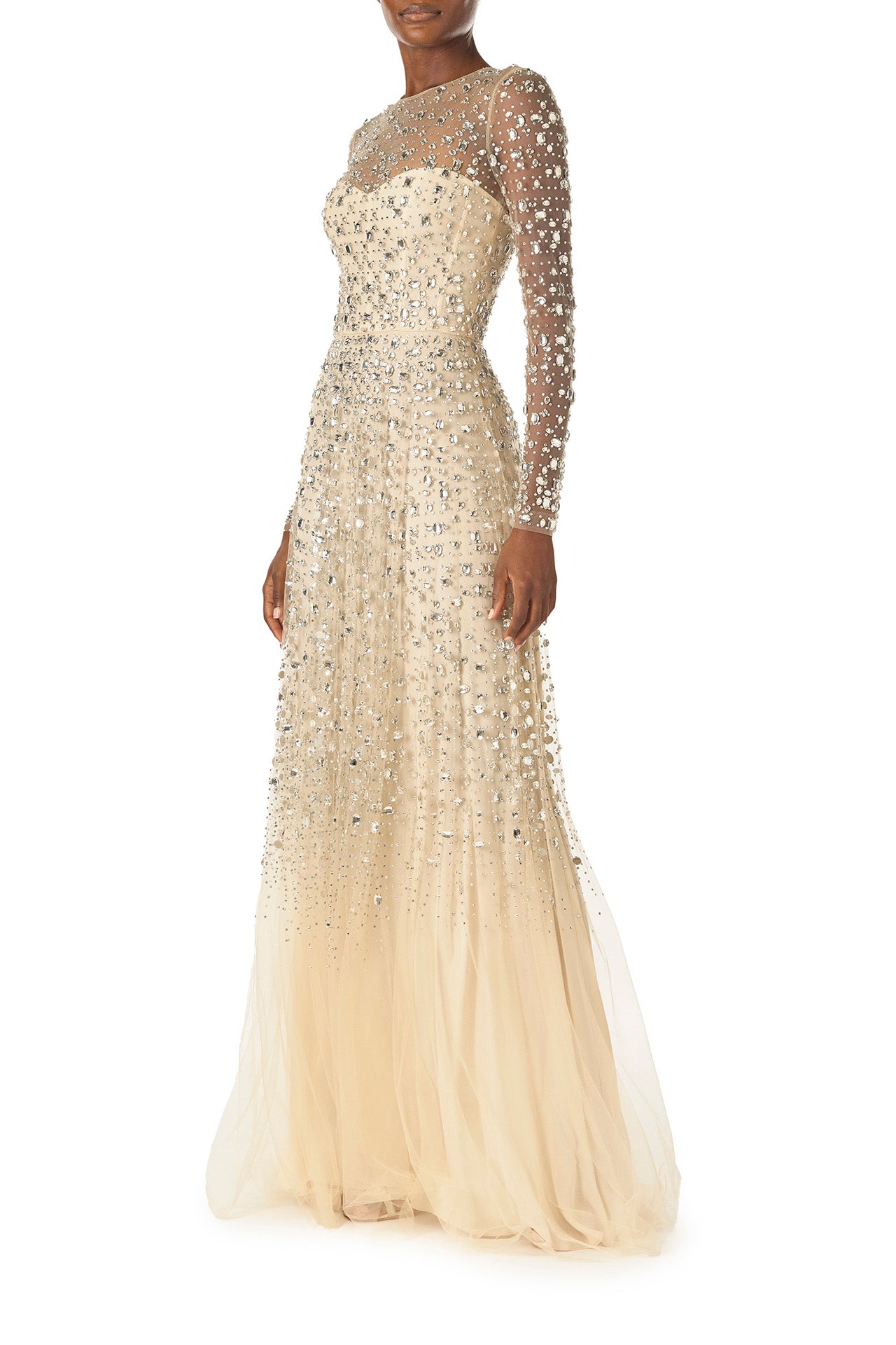 Monique Lhuillier Spring 2025 long sleeve tulle gown in cascading crystal embroidery - side.