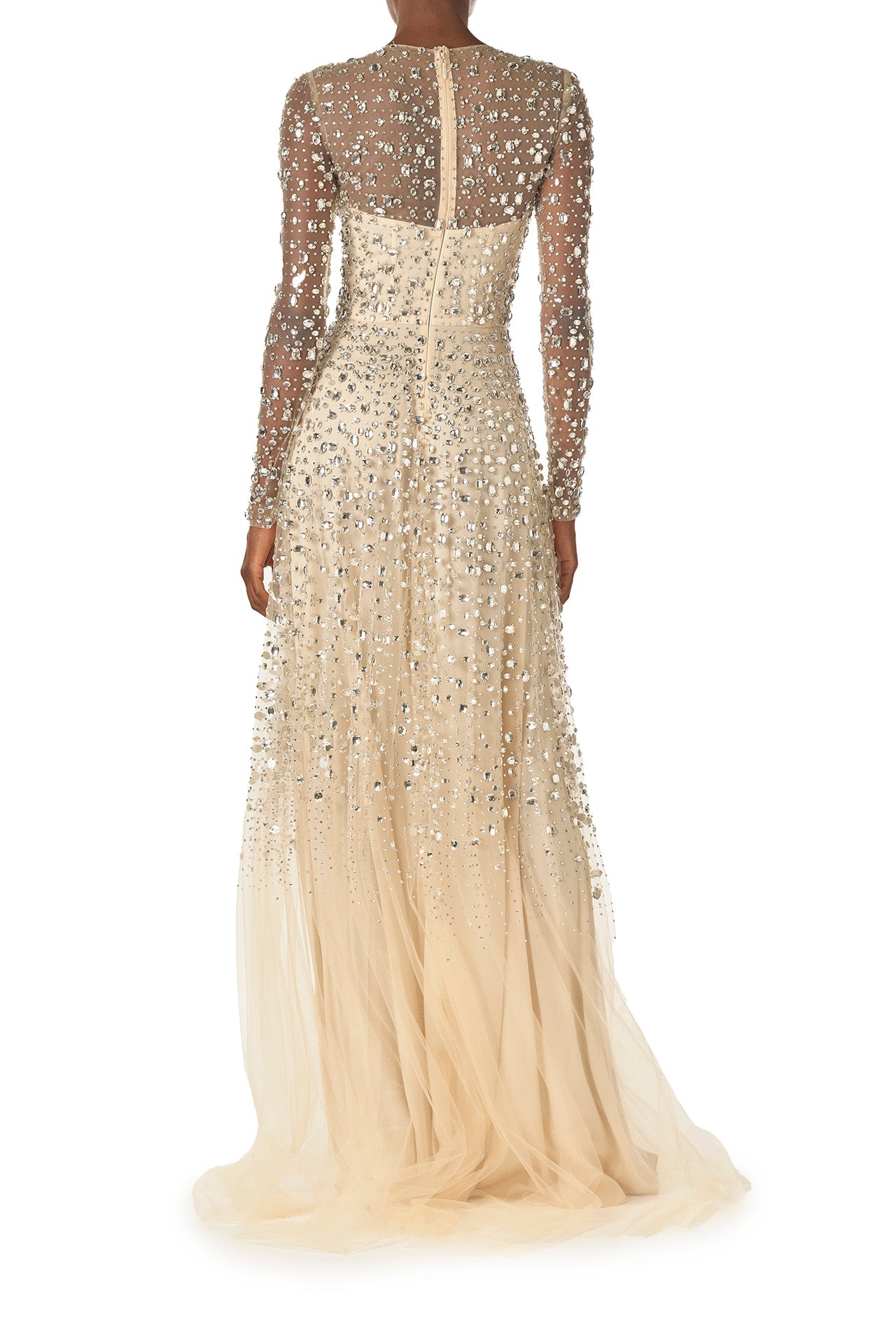 Monique Lhuillier Spring 2025 long sleeve tulle gown in cascading crystal embroidery - back.