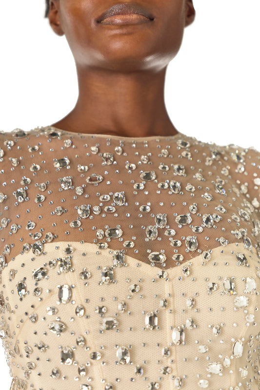 Monique Lhuillier Spring 2025 long sleeve tulle gown in cascading crystal embroidery - fabric.