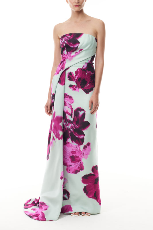 Monique Lhuillier Fall 2025 strapless column gown with side draping in electric floral printed gazar - front.