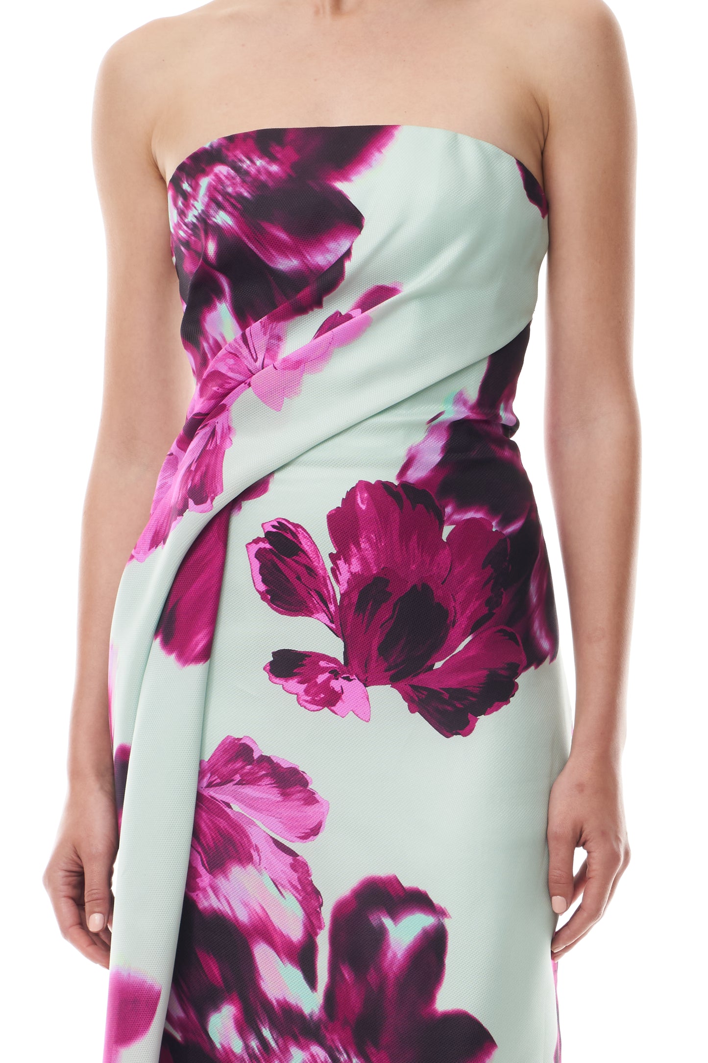 Monique Lhuillier Fall 2025 strapless column gown with side draping in electric floral printed gazar - fabric.