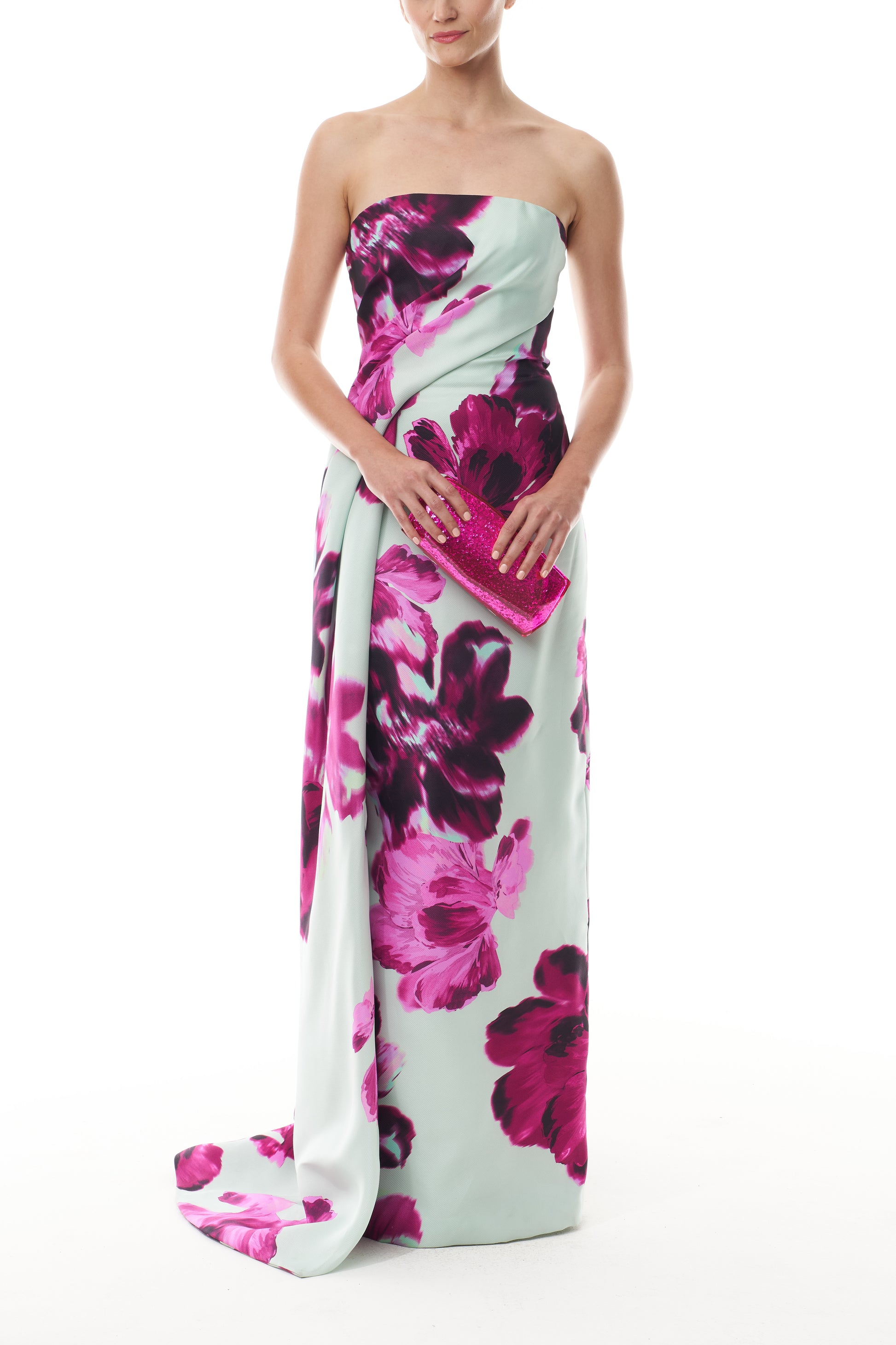 Monique Lhuillier Fall 2025 strapless column gown with side draping in electric floral printed gazar - front with Vivienne bag.