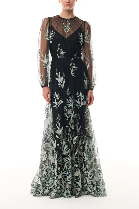 Monique Lhuillier Fall 2025 long sleeve gown with detached slip in noir & mist embroidered tulle - front.