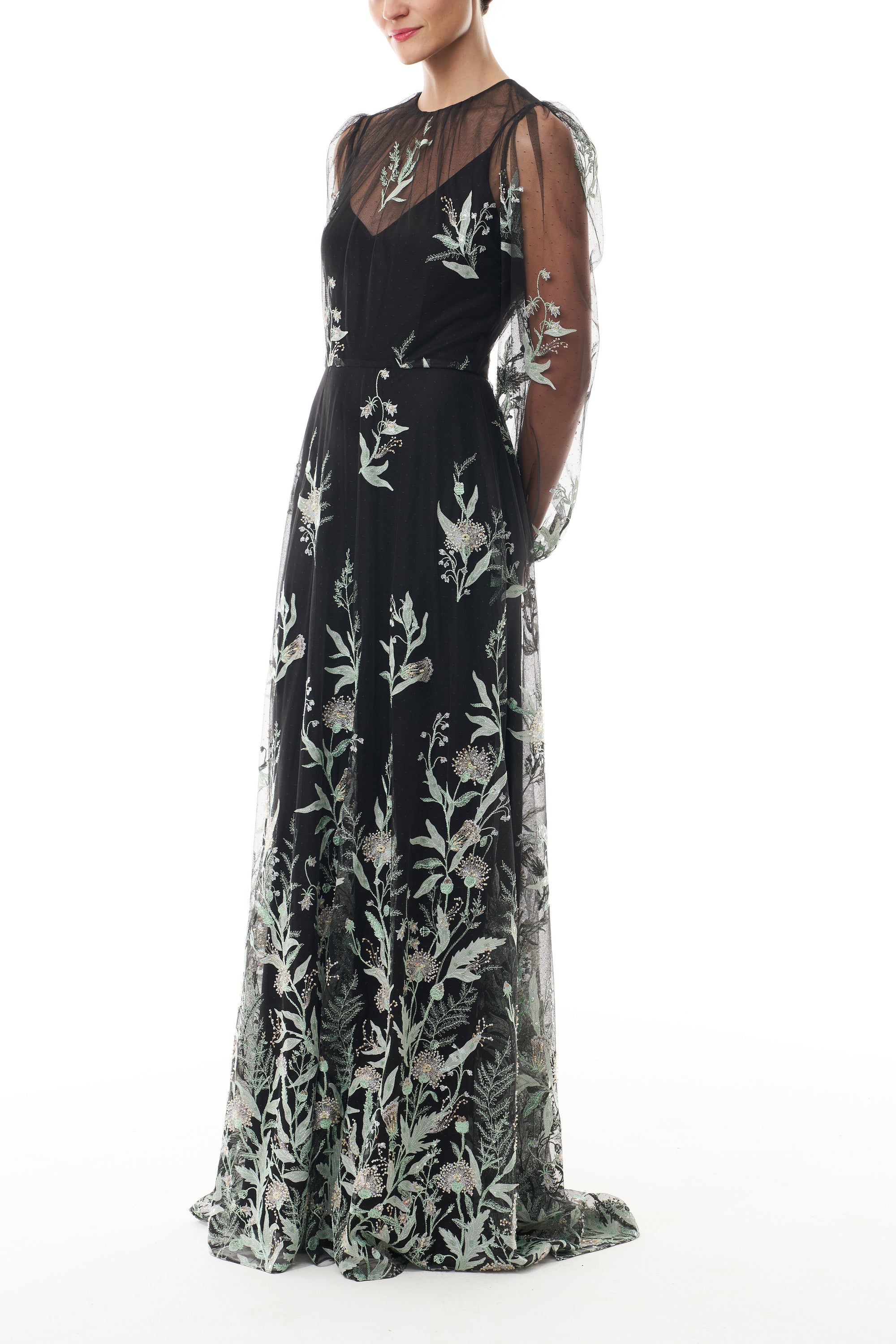 Monique Lhuillier Fall 2025 long sleeve gown with detached slip in noir & mist embroidered tulle - side.