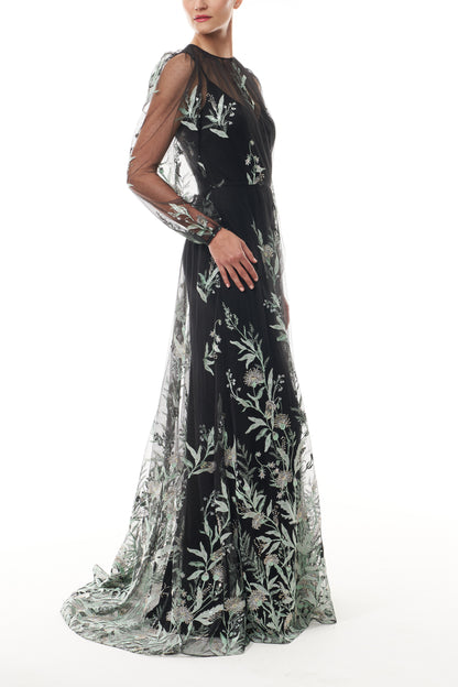 Monique Lhuillier Fall 2025 long sleeve gown with detached slip in noir & mist embroidered tulle - side.