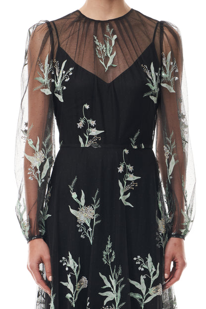 Monique Lhuillier Fall 2025 long sleeve gown with detached slip in noir & mist embroidered tulle - fabric.