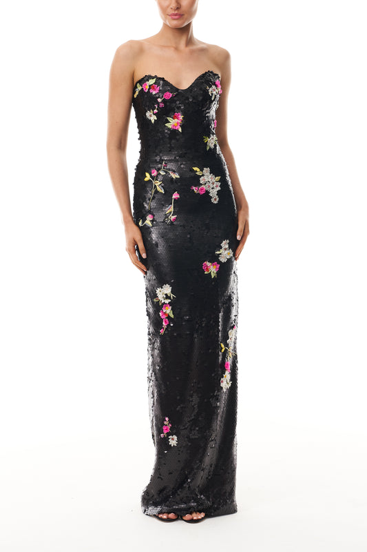 Monique Lhuillier Fall 2025 Noir/Multi Floral embroidered matte sequin strapless column gown - front. 