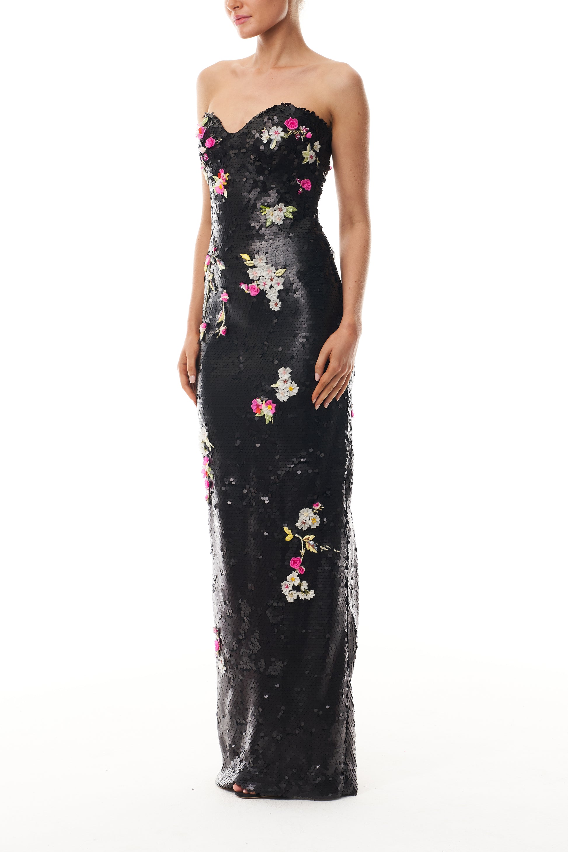 Monique Lhuillier Fall 2025 Noir/Multi Floral embroidered matte sequin strapless column gown - side.