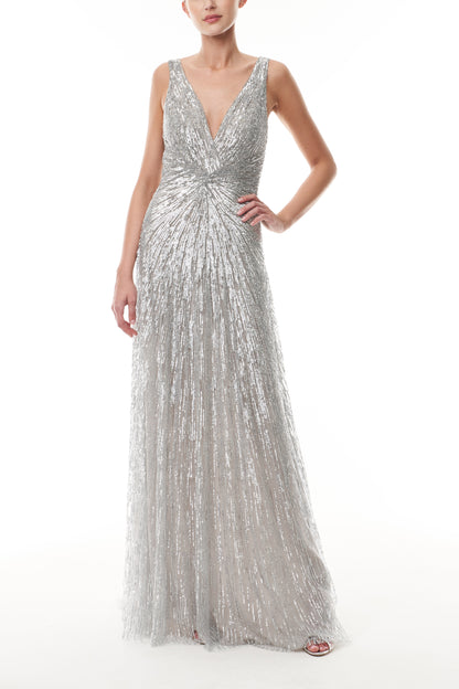 Monique Lhuillier Fall 2025 V-neck gown in silver embroidered tulle - front.