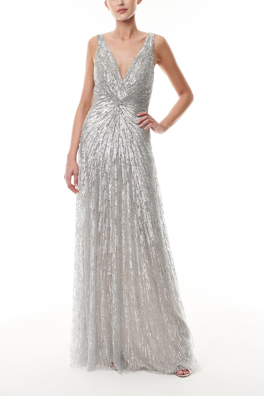 Monique Lhuillier Fall 2025 V-neck gown in silver embroidered tulle - front.