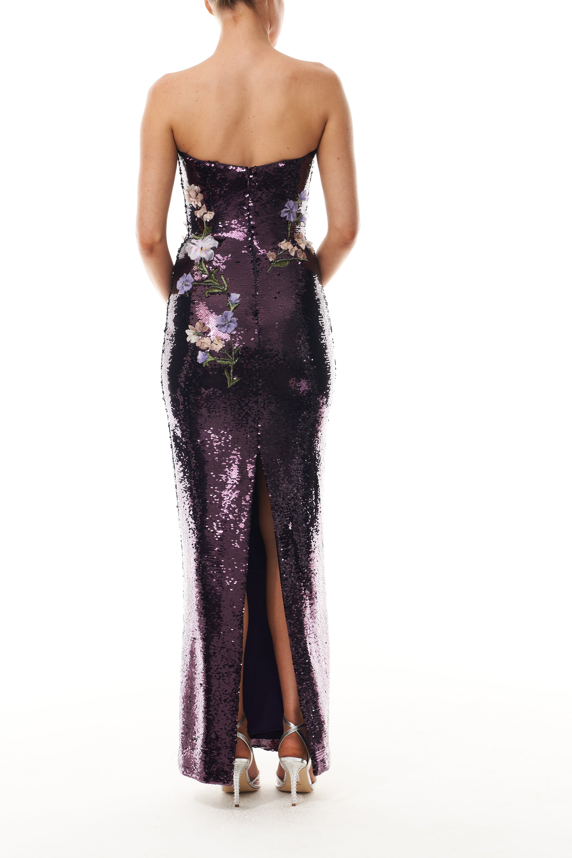 Monique Lhuillier Fall 2025 Violet/Multi floral embroidered sequin Strapless column gown with floral embroidery - back.