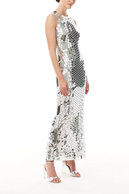 Monique Lhuillier Fall 2025 sleeveless, midi-length shift dress in silver mirrored embroidery - side.