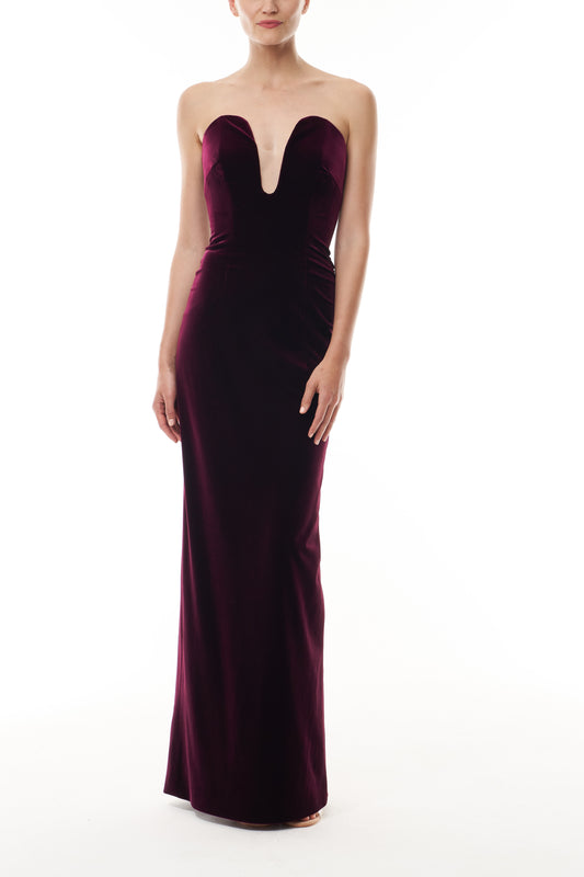 Monique Lhuillier Fall 2025 Merlot stretch velvet Strapless column gown with plunging neckline - front. 