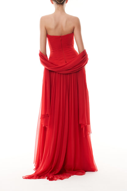 Monique Lhuiller Fall 2025 Vermilion crepe and chiffon Dropped waist corset
gown - back.