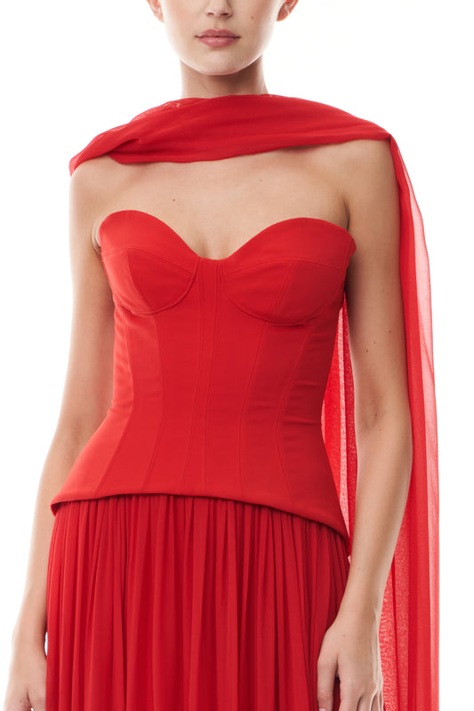 Monique Lhuiller Fall 2025 Vermilion crepe and chiffon Dropped waist corset
gown - fabric.