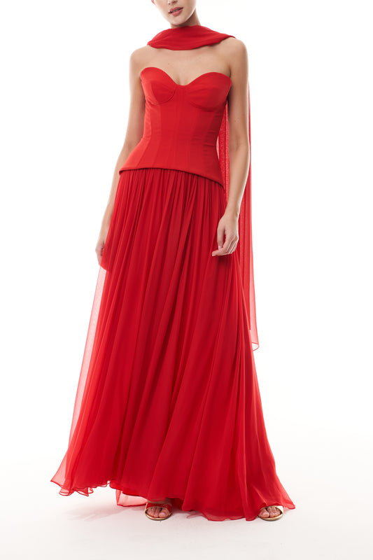 Monique Lhuiller Fall 2025 Vermilion crepe and chiffon Dropped waist corset
gown - front. 