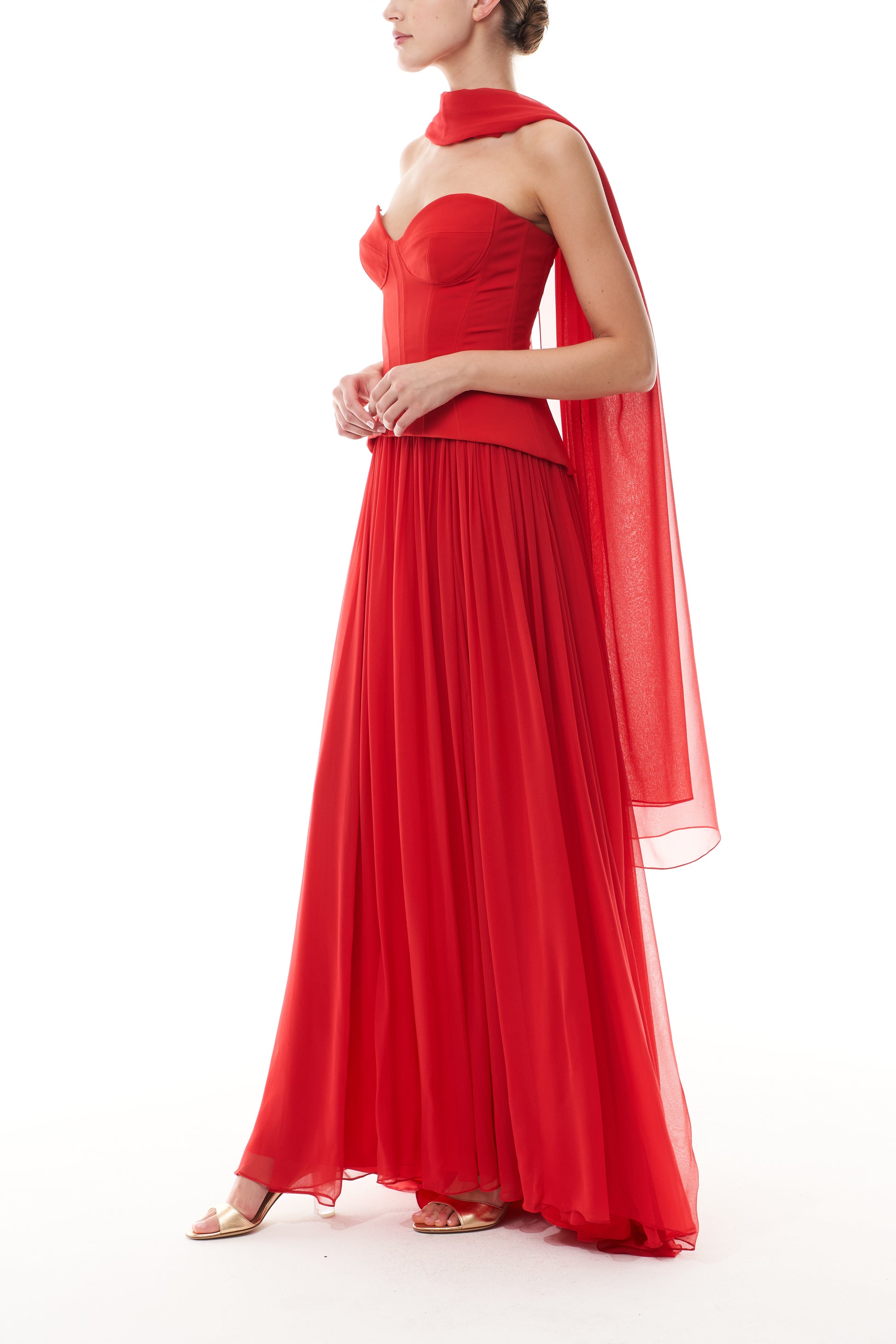 Monique Lhuiller Fall 2025 Vermilion crepe and chiffon Dropped waist corset
gown - side.