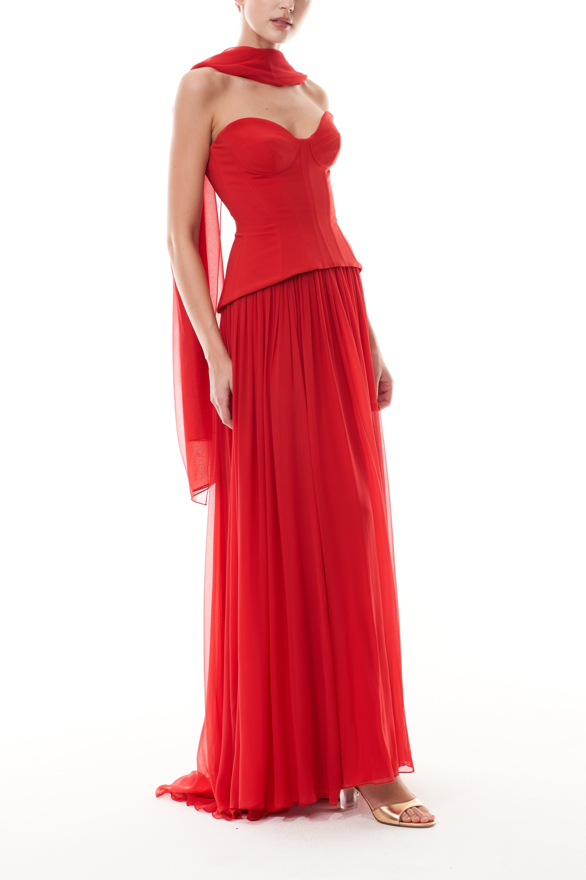 Monique Lhuiller Fall 2025 Vermilion crepe and chiffon Dropped waist corset
gown - side.