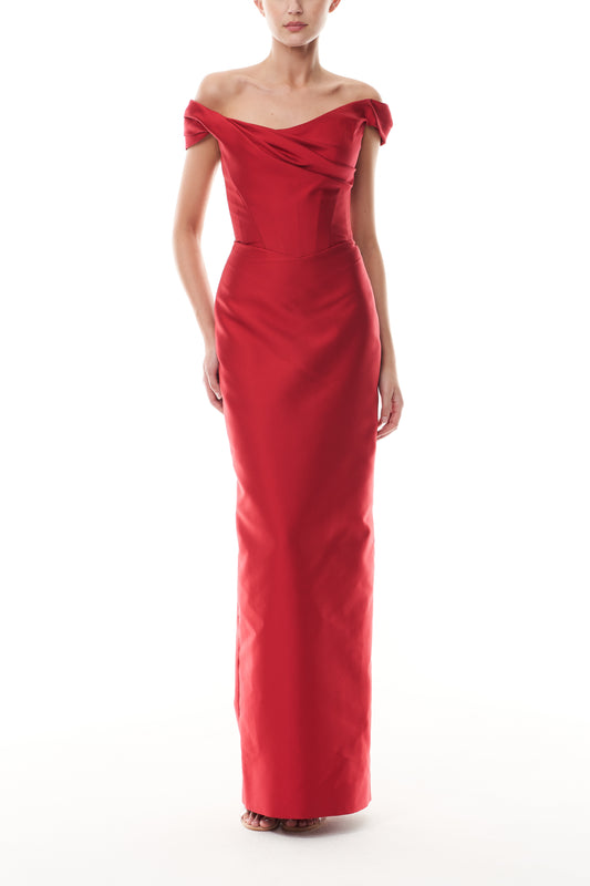 Monique Lhuillier Fall 2025 Siren Mikado off-the-shoulder draped bodice column gown -  front.