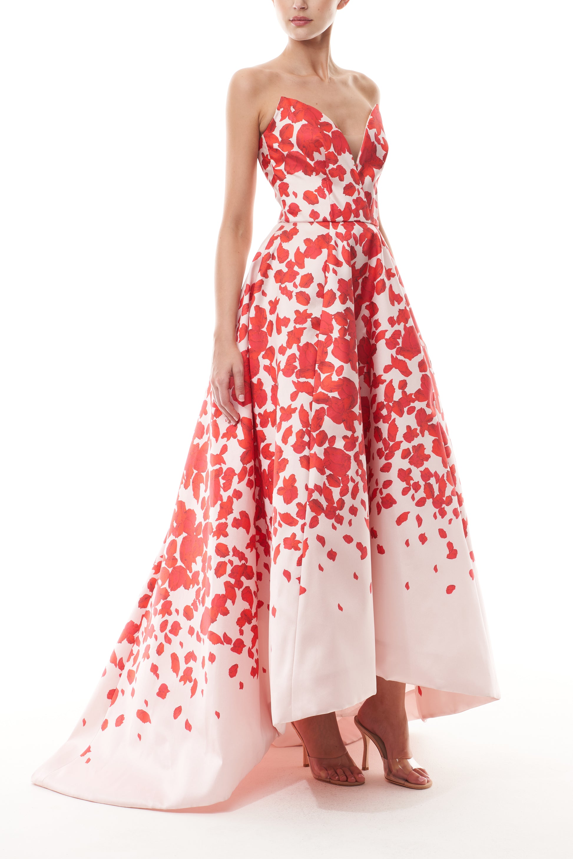 Monique Lhuillier Fall 2025 Strapless gown with deep V neckline and high-low hem in candy multi colored rose petal mikado fabric - side.