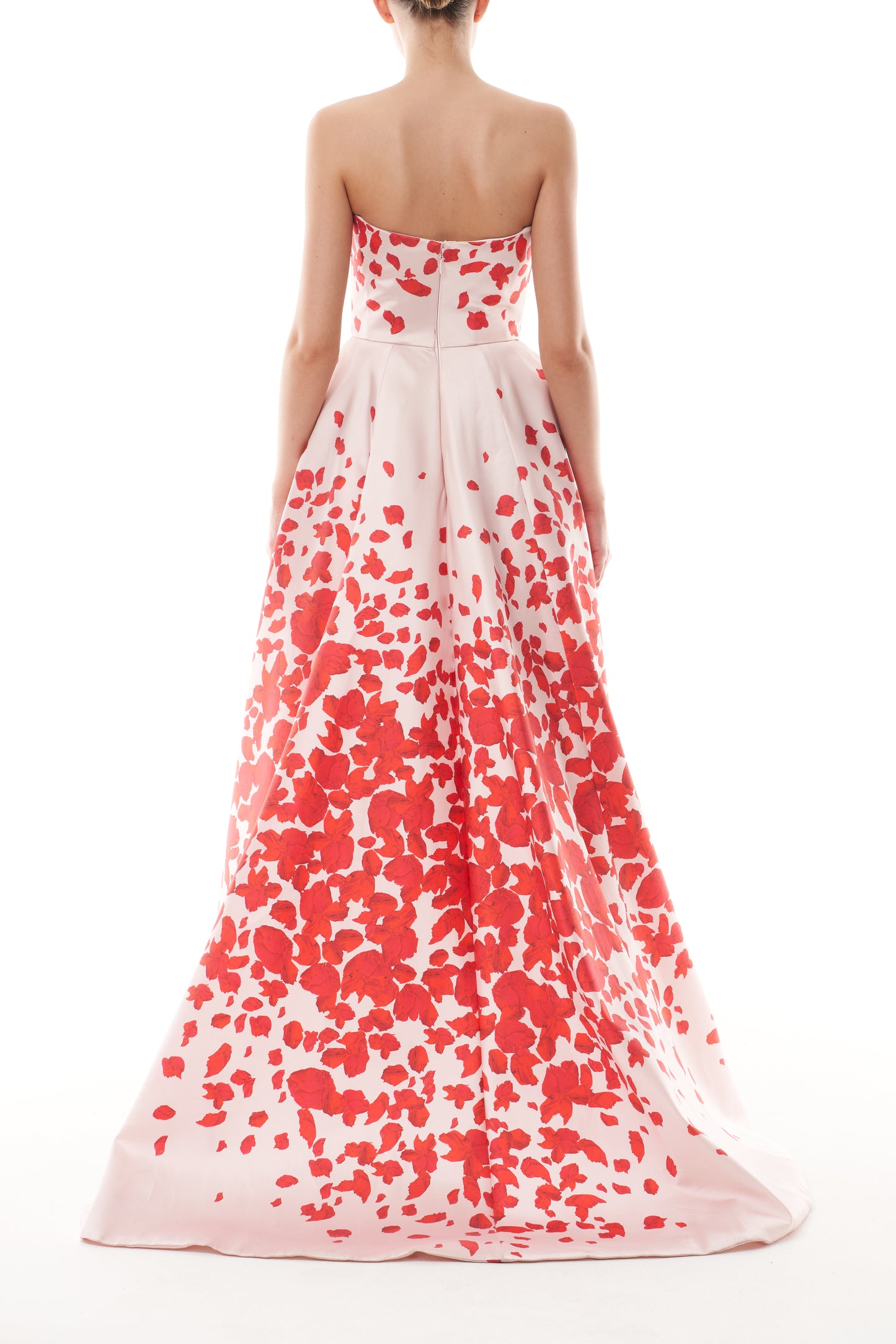 Monique Lhuillier Fall 2025 Strapless gown with deep V neckline and high-low hem in candy multi colored rose petal mikado fabric - back.