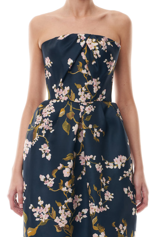 Monique Lhuillier Fall 2025 Ocean/Multi Wisteria Printed Gazar Strapless draped
bodice pleated cocktail dress - fabric.