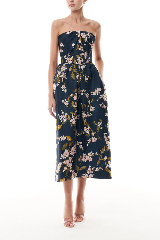 Monique Lhuillier Fall 2025 Ocean/Multi Wisteria Printed Gazar Strapless draped
bodice pleated cocktail dress - front. 