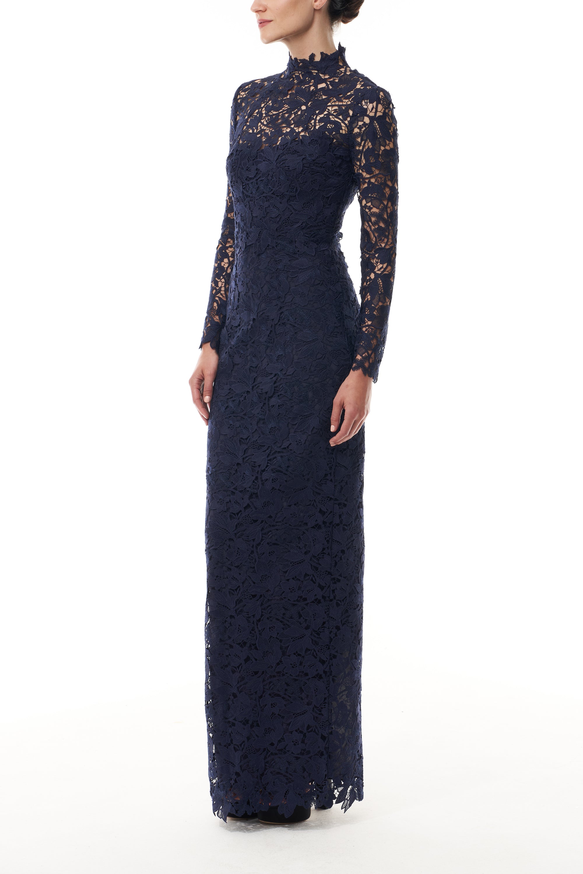 Monique Lhuillier Fall 2025 Ocean Orchid Lace long sleeved jacket - side.
