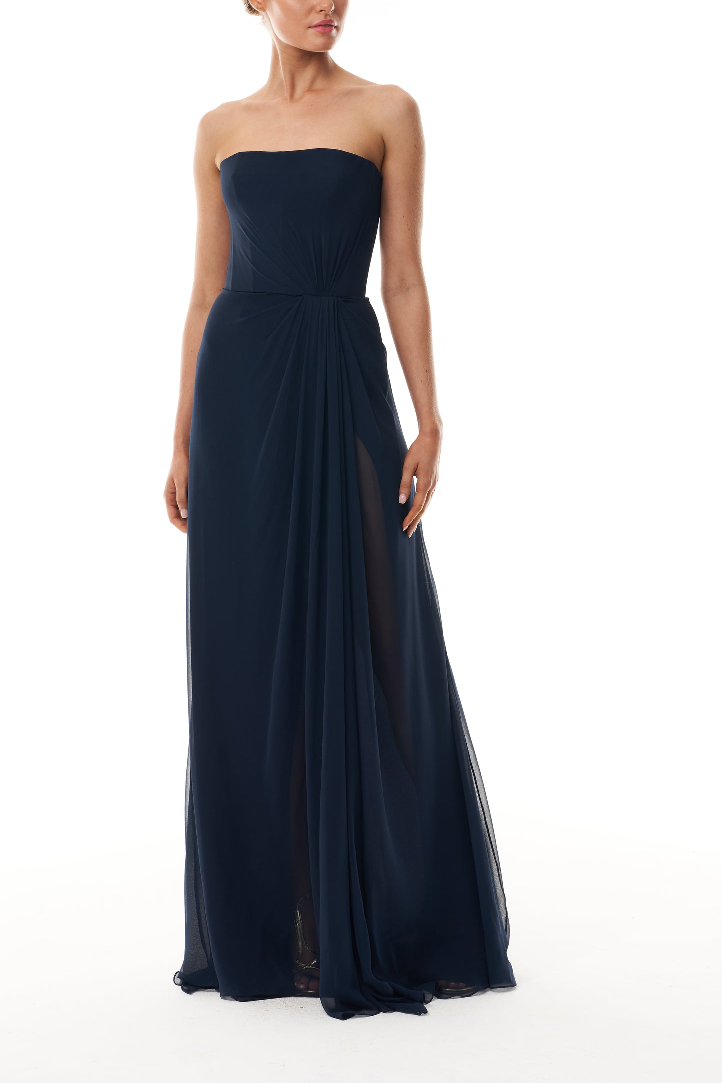 Monique Lhuillier Fall 2025 strapless draped gown in Ocean chiffon - front. 