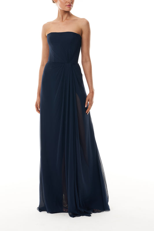 Monique Lhuillier Fall 2025 strapless draped gown in Ocean chiffon - front. 