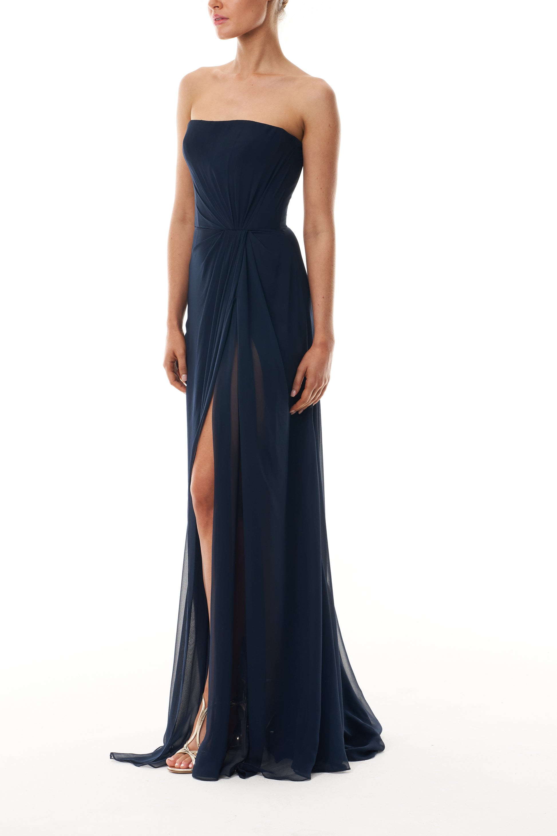 Monique Lhuillier Fall 2025 strapless draped gown in Ocean chiffon - side. 