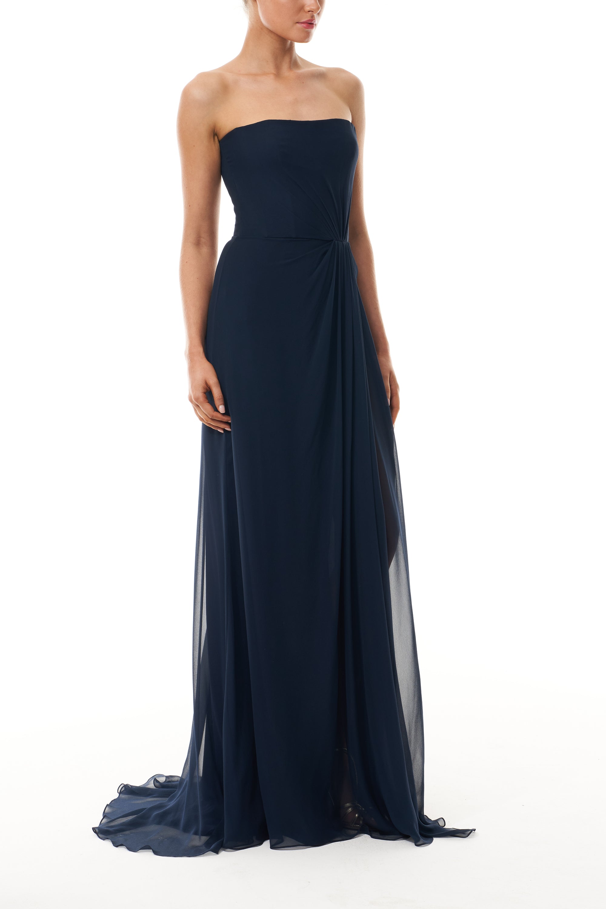 Monique Lhuillier Fall 2025 strapless draped gown in Ocean chiffon - side.
