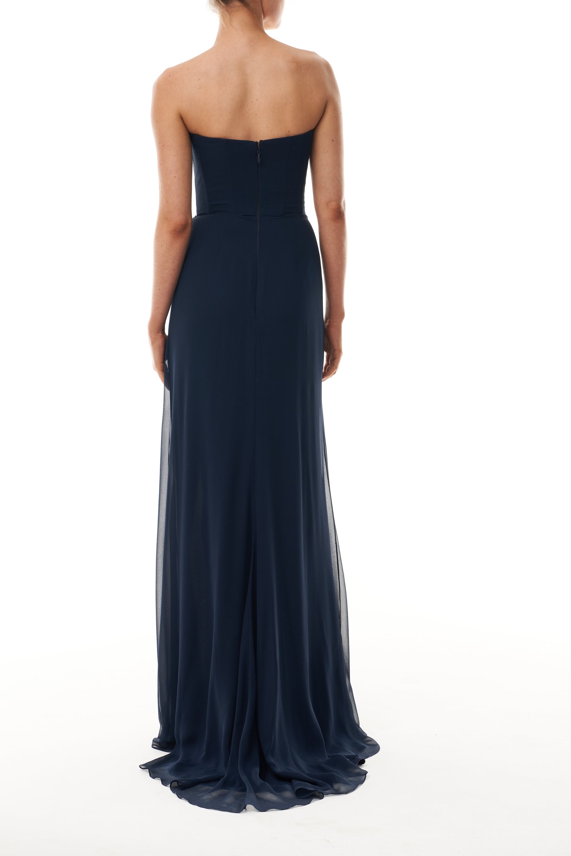 Monique Lhuillier Fall 2025 strapless draped gown in Ocean chiffon -back. 