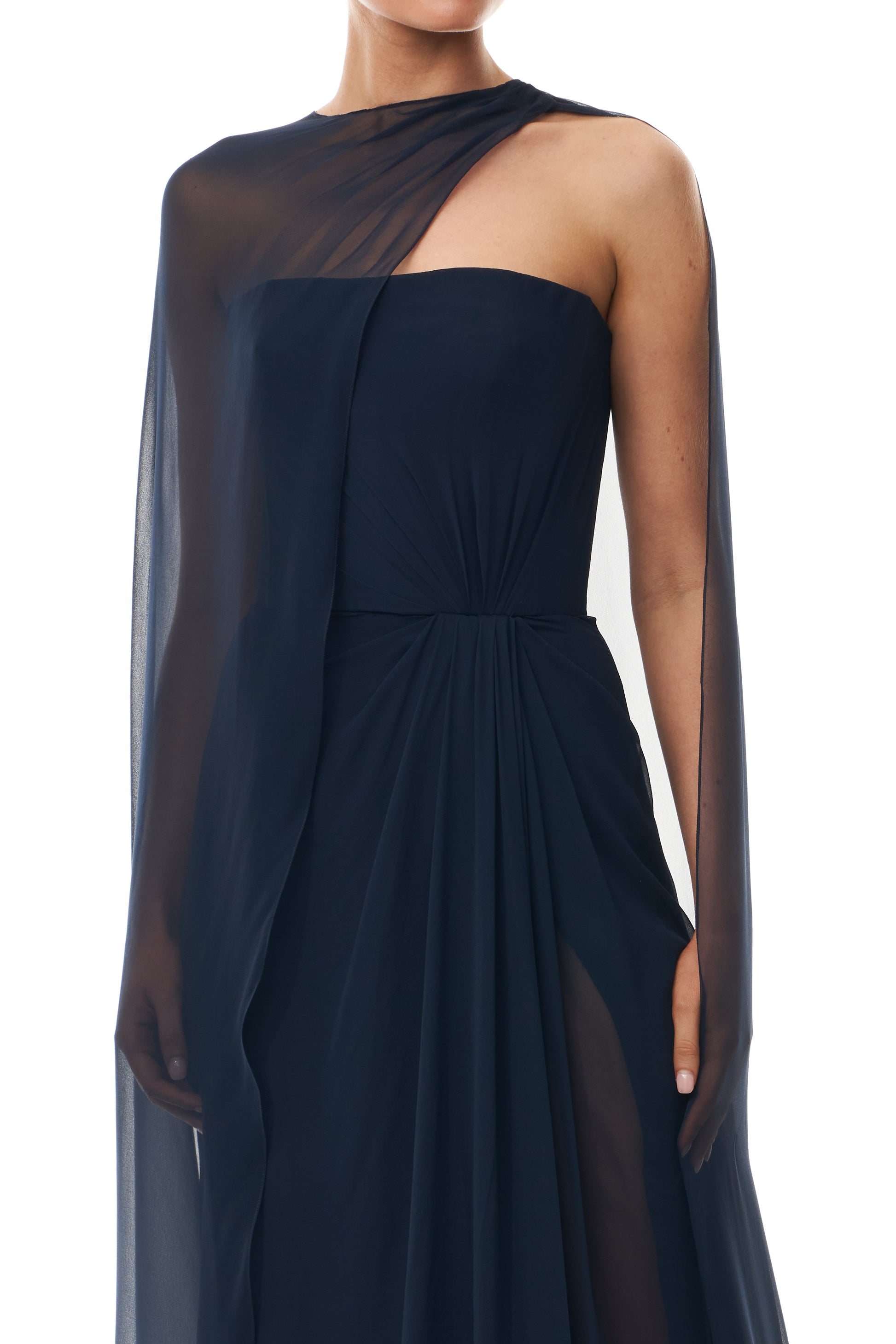 Monique Lhuillier Fall 2025 strapless draped gown with floor-length cape in Ocean chiffon - fabric. 