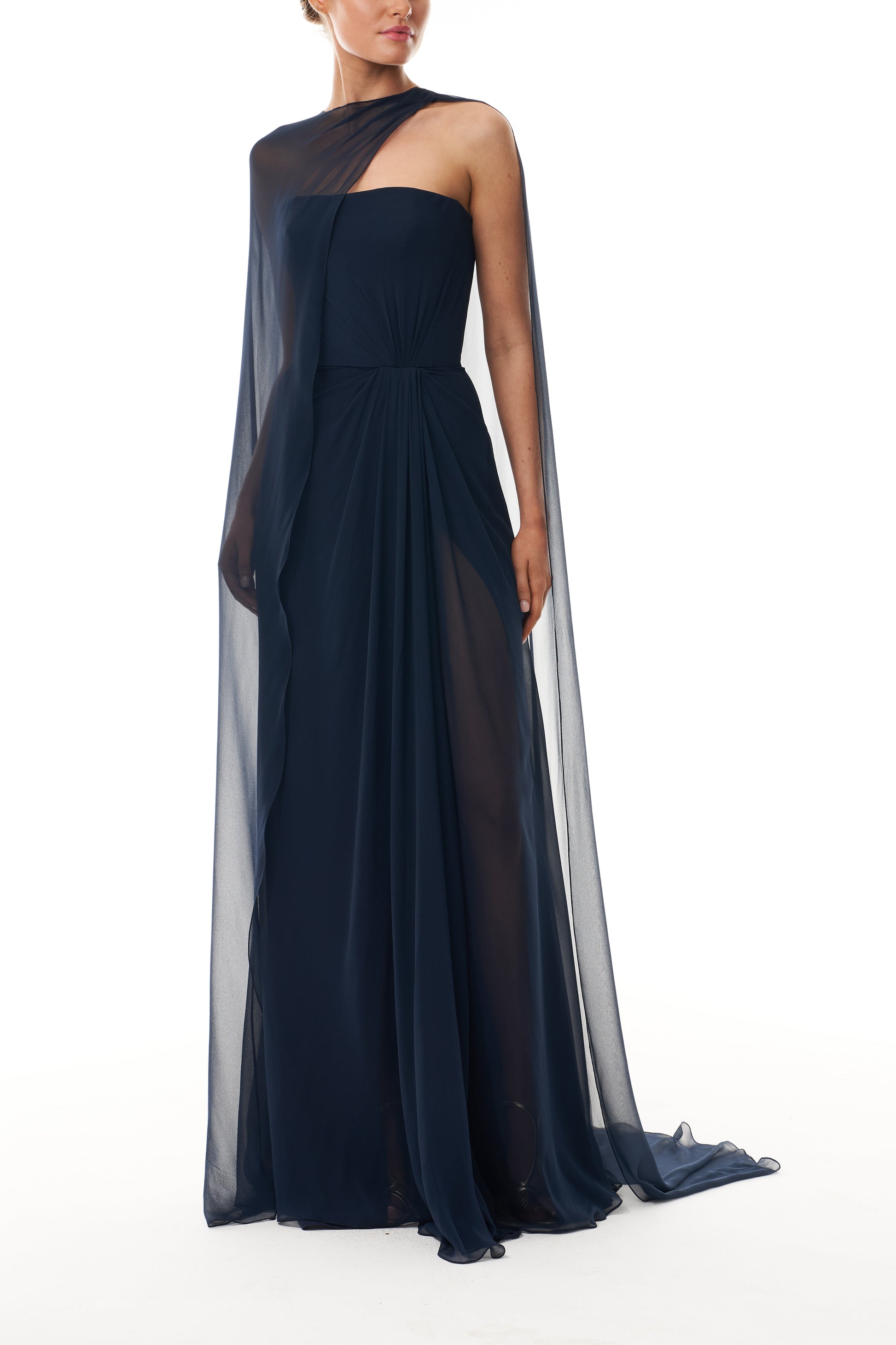 Monique Lhuillier Fall 2025 strapless draped gown with floor-length cape in Ocean chiffon - front. 