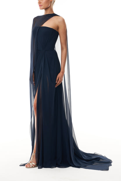 Monique Lhuillier Fall 2025 strapless draped gown with floor-length cape in Ocean chiffon - side. 