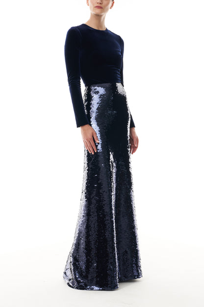 Monique Lhuillier Fall 2025 Ocean velvet and sequin long sleeve sheath - side.