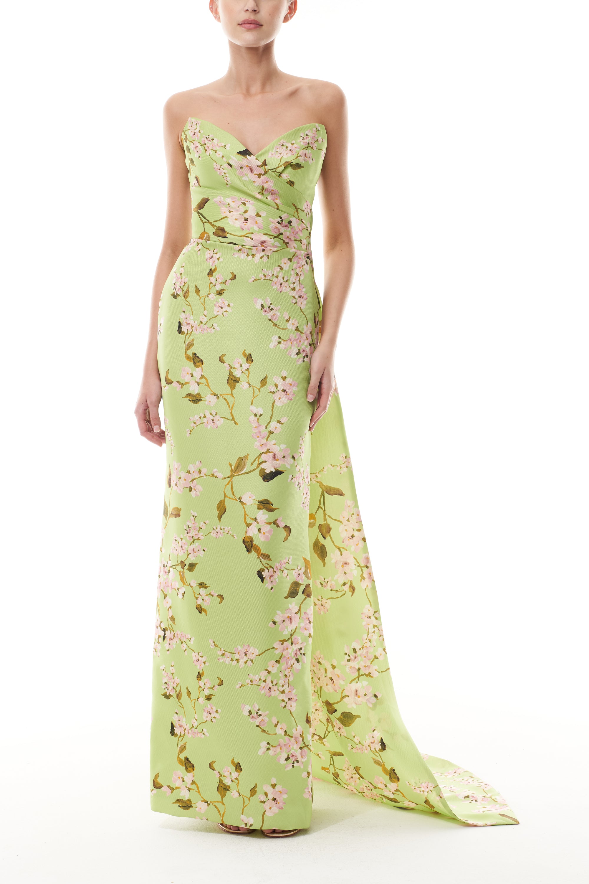 Monique Lhuillier Fall 2025  Draped Bodice Column Gown with Train in Celedon/Multi Wisteria Printed Gazar - front.