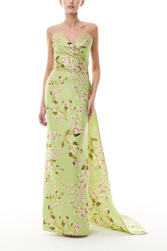 Monique Lhuillier Fall 2025  Draped Bodice Column Gown with Train in Celedon/Multi Wisteria Printed Gazar - front.