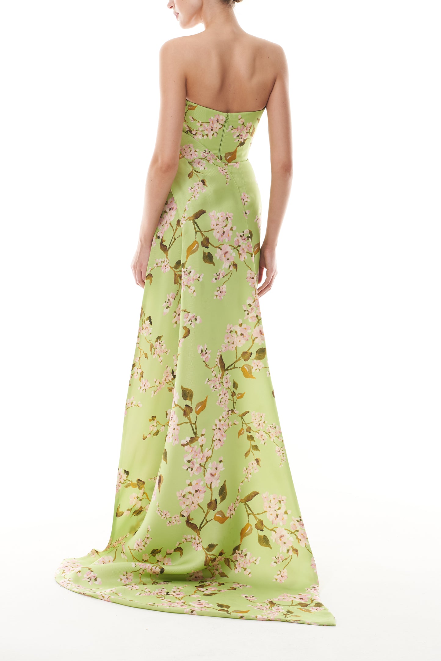 Monique Lhuillier Fall 2025  Draped Bodice Column Gown with Train in Celedon/Multi Wisteria Printed Gazar - back.
