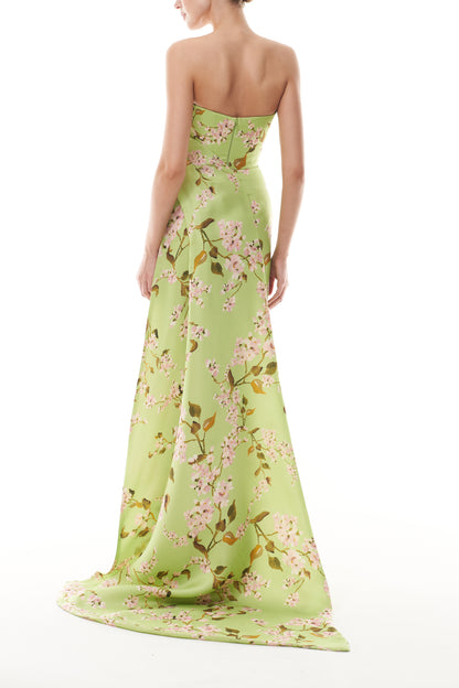 Monique Lhuillier Fall 2025  Draped Bodice Column Gown with Train in Celedon/Multi Wisteria Printed Gazar - back.