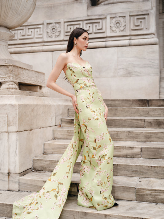  Monique Lhuillier Fall 2025  Draped Bodice Column Gown with Train in Celedon/Multi Wisteria Printed Gazar - lookbook photo.